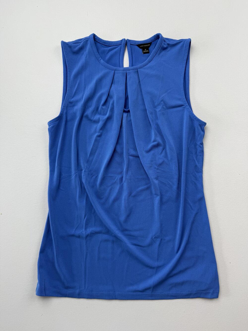 Ann Taylor Blouse Womens S Blue Round Neck Sleeveless Pleated Keyhole Jersey Top